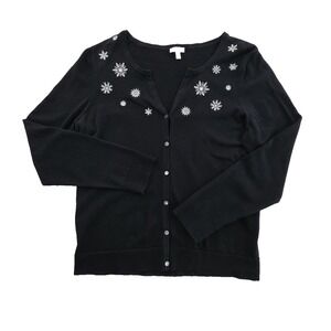 Talbots Snowflake Button-Up Sweater‎ Womens L Black Long Sleeve Button-Up